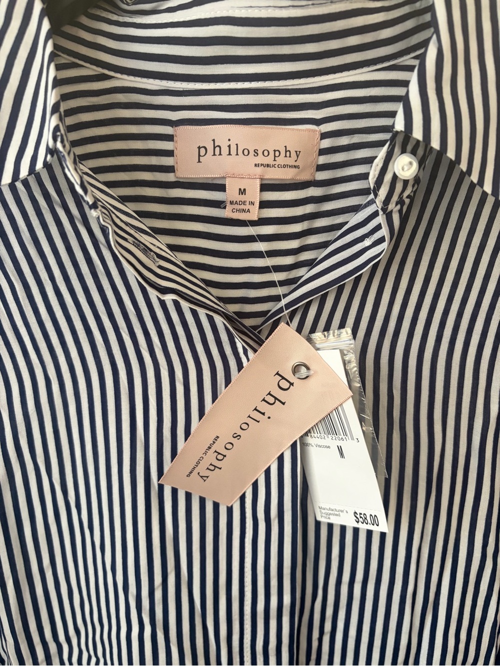 Philosophy Dark Navy Blue with White Vertical Stripes, Button-Up Shirt. - Picture 2 of 8